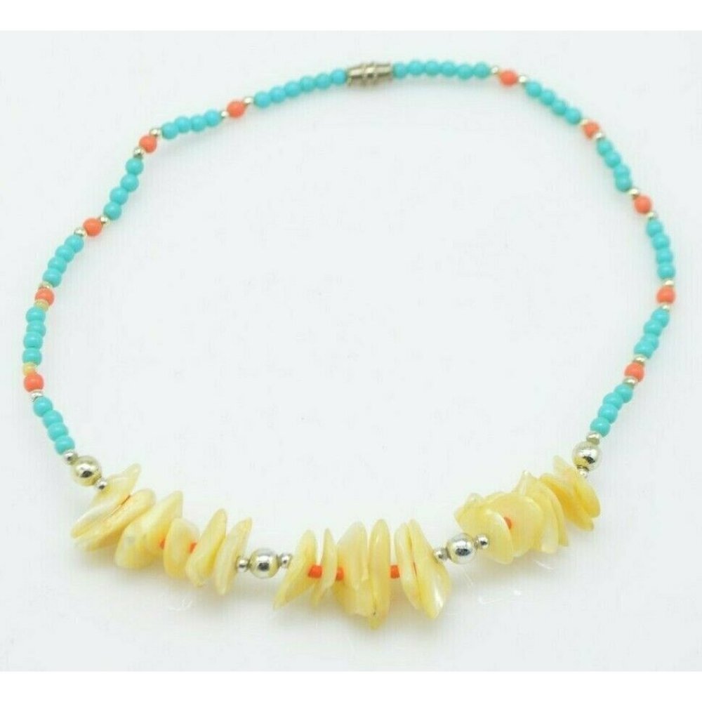 Faux Coral Turquoise Bead Beaded Mother of Pearl Shell Choker Necklace